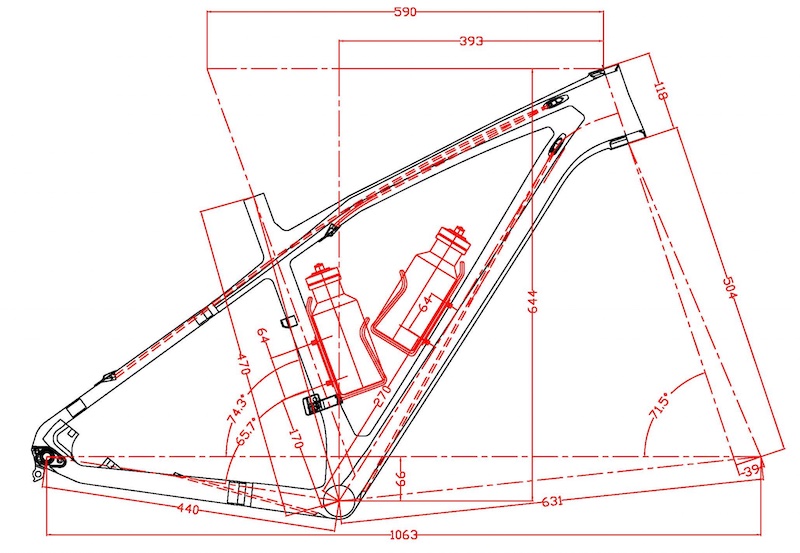 2D-Zeichnung von Hardtail-MTB-Fahrradrahmen